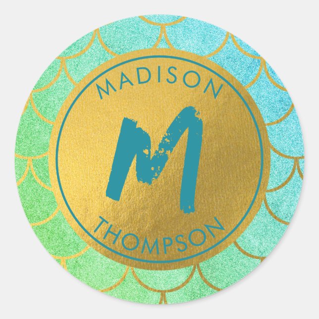 Sticker Rond Monogramme Turquoise Motif de Parties scintillant  (Devant)