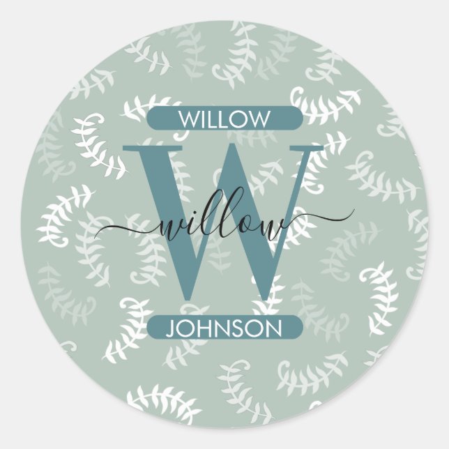 Sticker Rond Monogramme turquoise vert Feuille (Devant)