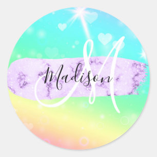 Sticker Rond Monogramme Unicorn couleur Girly Rainbow Hearts