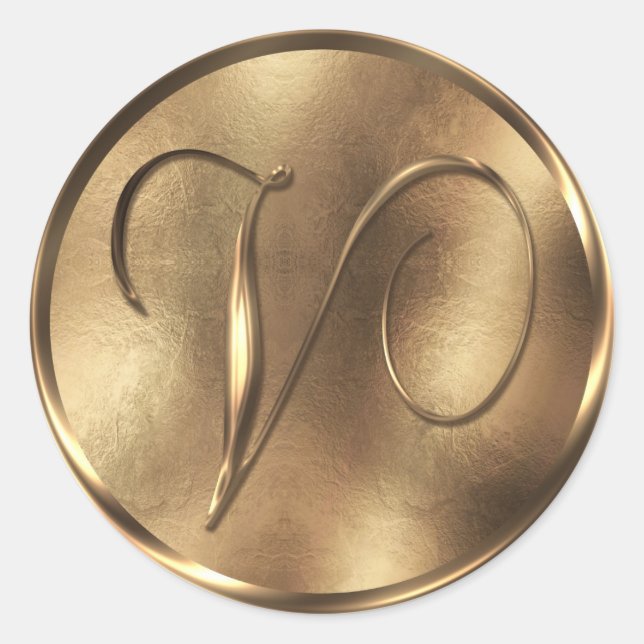 Sticker Rond Monogramme V Faire-part de mariage de bronze (Devant)