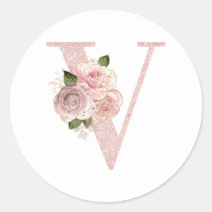 Sticker Rond Monogramme V Floral Pailleté Rose Doré Féminin