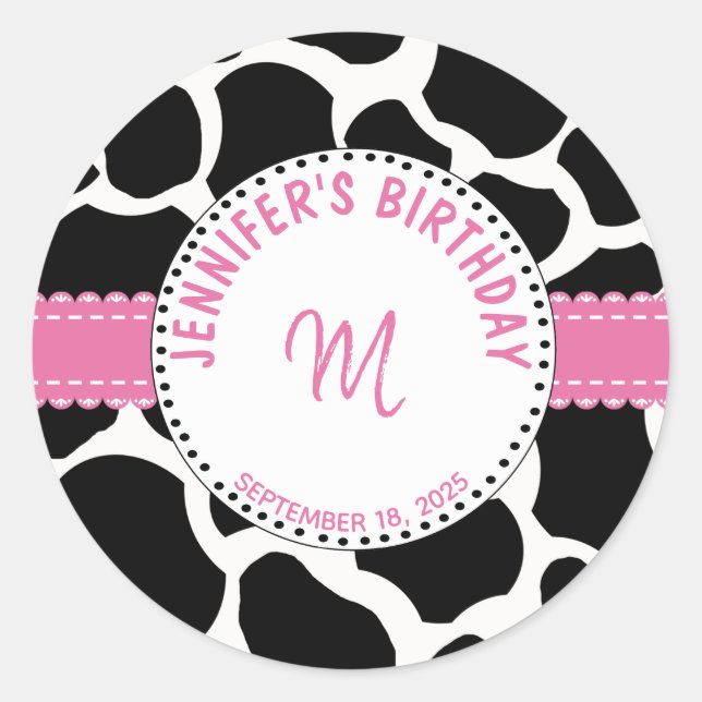 Sticker Rond Monogramme Vache noire rose Imprimer Nom de l'anni (Devant)