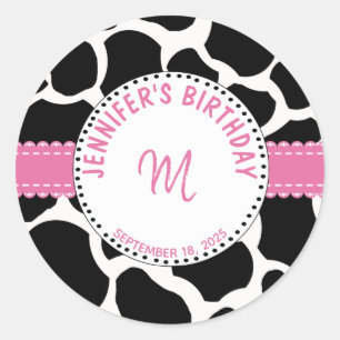 Sticker Rond Monogramme Vache noire rose Imprimer Nom de l'anni