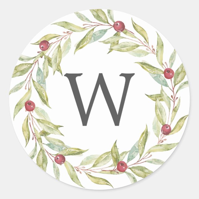 Sticker Rond Monogramme Verdure couronne Baies rouges Noël (Devant)