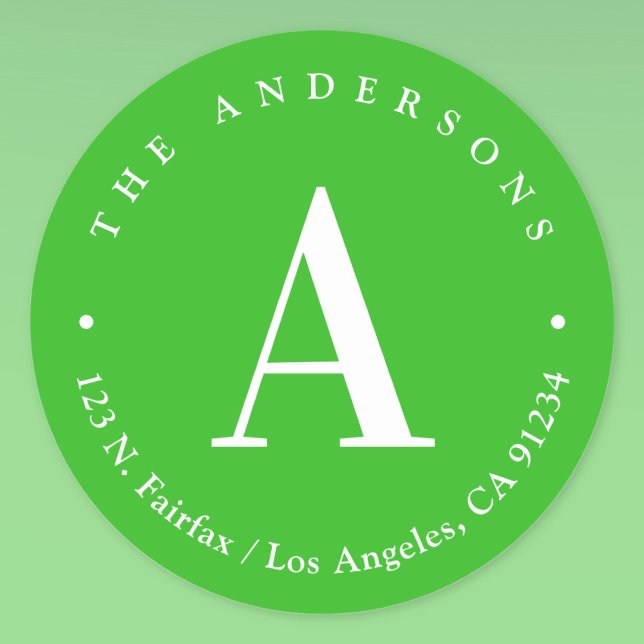 Sticker Rond Monogramme vert clair et blanc Adresse de retour (Créateur téléchargé)