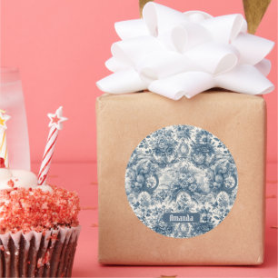 Sticker Rond monogramme vintage fleuri Blue toile de jouy