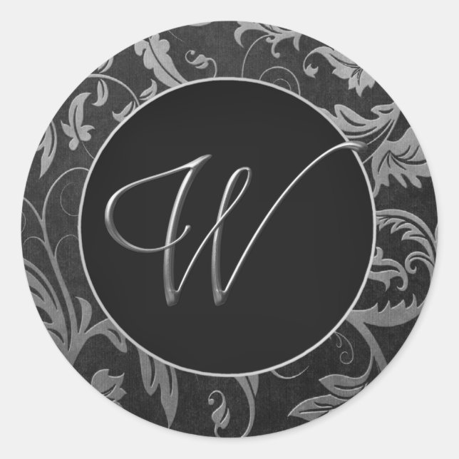 Sticker Rond Monogramme W Silver et Black Mariage damassé Seal (Devant)