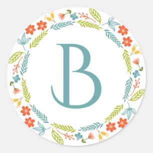 Sticker Rond Monogrammed Flowers And Leafs Colorful Wreath