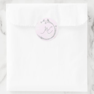 Sticker Rond Monogrammes Aquarelle Gris Lovebirds Branche Wreat