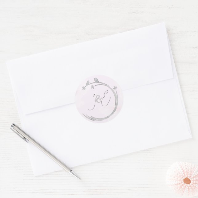 Sticker Rond Monogrammes Aquarelle Gris Lovebirds Branche Wreat (Enveloppe)