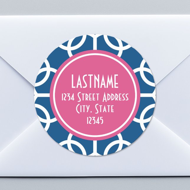 Sticker Rond Monogrammes de Motif géométrique rose et bleu chau (Custom Return Address Sticker)