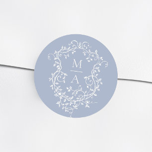 Sticker Rond Monogrammes de poitrine florale élégante bleu pous