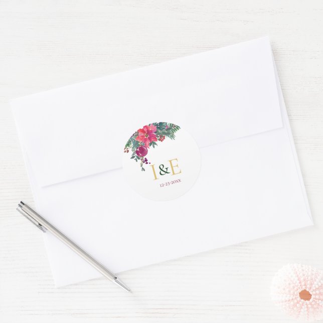 Sticker Rond Monogrammes Mariages floraux de Noël rose (Enveloppe)