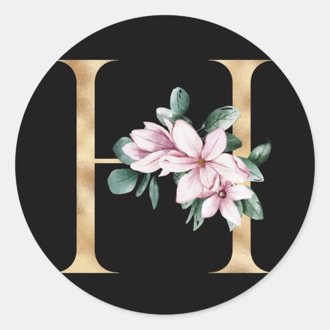 Sticker Rond Monographie de magnolia floral en lettre d'or H (Devant)