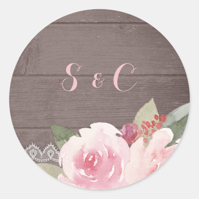 Sticker Rond Monographie de mariage de dentelle fleurie rustiqu (Devant)