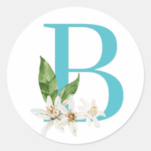 Sticker Rond Monographie de rose floral en lettre turquoise B