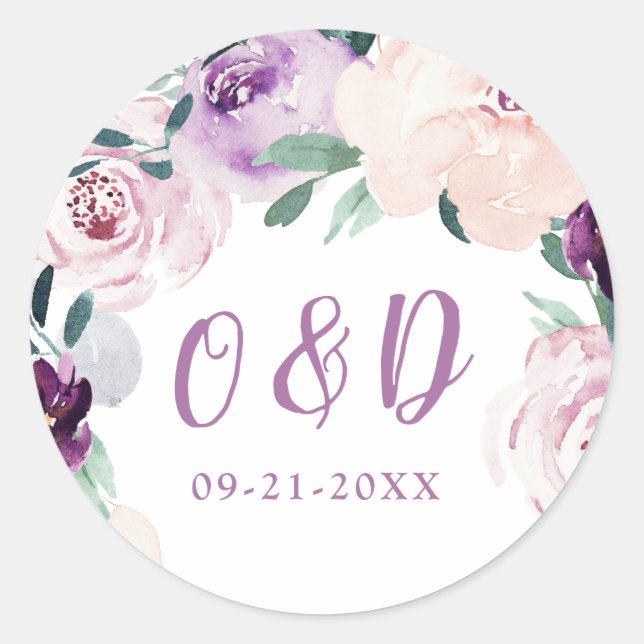 Sticker Rond Monographie du Mariage floral violet botanique en  (Devant)