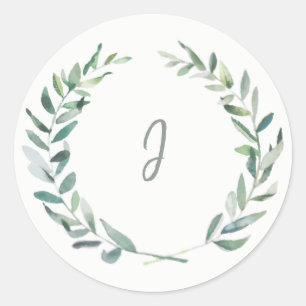 Sticker Rond Monographie feuille d'olive aquarelle rustique