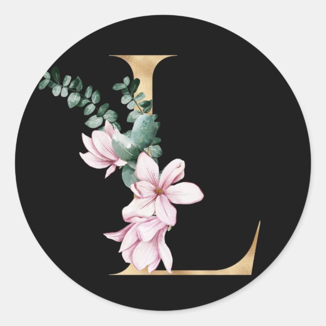 Sticker Rond Monographie florale magnolia en lettre d'or L (Devant)