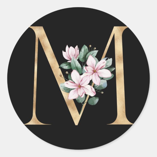 Sticker Rond Monographie florale magnolia en lettre d'or M (Devant)
