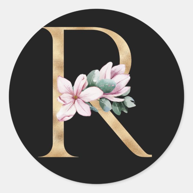 Sticker Rond Monographie florale magnolia en lettre d'or R (Devant)
