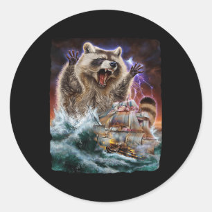 Sticker Rond Monster Raccoon En Attaque De Kraken À Un Bateau D