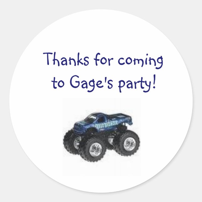 Sticker Rond Monster Truck Anniversaire de la fête Goody Étique (Devant)