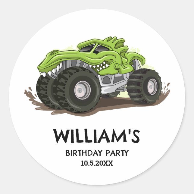 Sticker Rond Monster Truck Anniversaire Fête Minimale Garçons A (Devant)