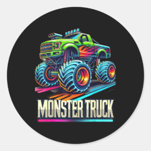 Sticker Rond Monster Truck Anniversaire Fête Retro Vintage Mons