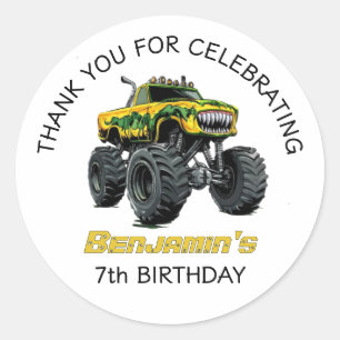 Sticker Rond Monster Truck Boys Merci fête d'anniversaire