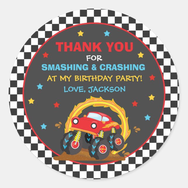 Sticker Rond Monster Truck Rally Anniversaire Décor Fête Faveur (Devant)