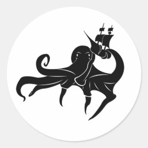 Sticker Rond Monstre de la mer de Kraken et navire