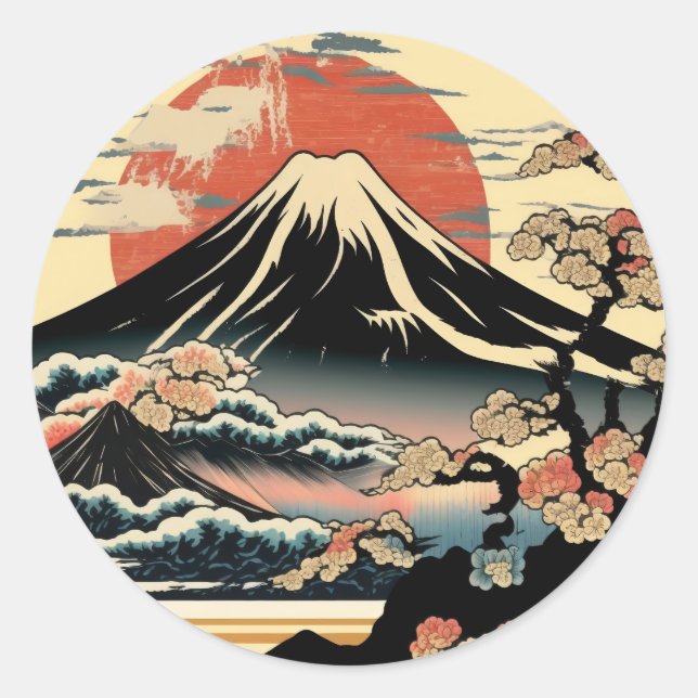 Sticker Rond Mont Fuji, Fugaku, fujiyama, Ukiyo-e Art, (Devant)
