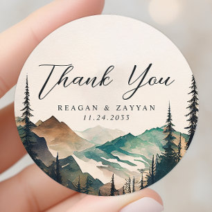 Sticker Rond Montagnes à l'aquarelle Forêt de pins Mariage Merc