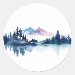 Sticker Rond Montagnes et pins noirs à l'aquarelle rose et bleu