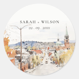 Sticker Rond Montpelier City Scape Vermont Watercolor Mariage
