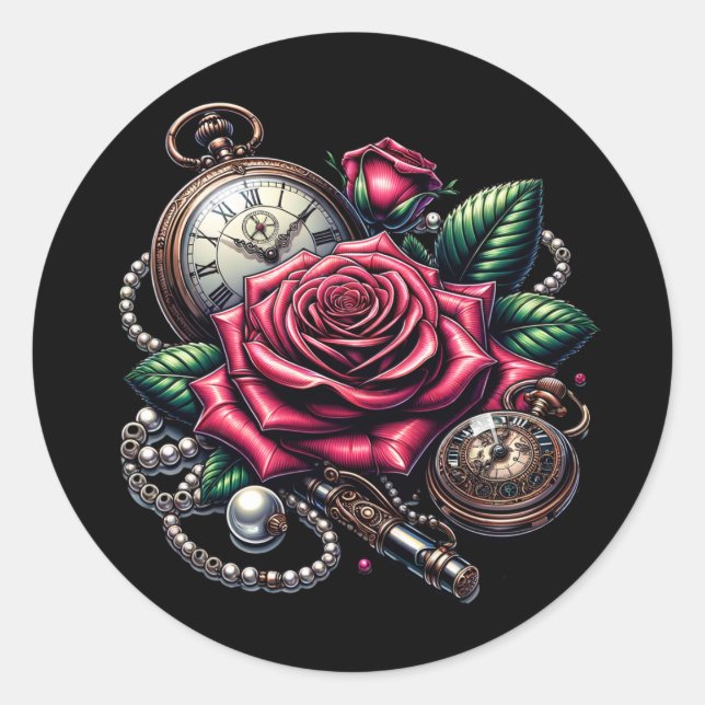 Sticker Rond Montres de poche et roses steampunk (Devant)