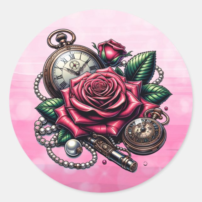 Sticker Rond Montres de poche et roses steampunk (Devant)