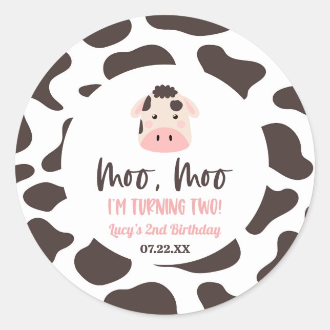 Sticker Rond Moo Moo I'm Turin Two Cow 2nd Birthday Party (Devant)