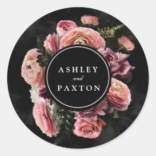 Sticker Rond Moody Elegant Rose Bouquet floral sur noir