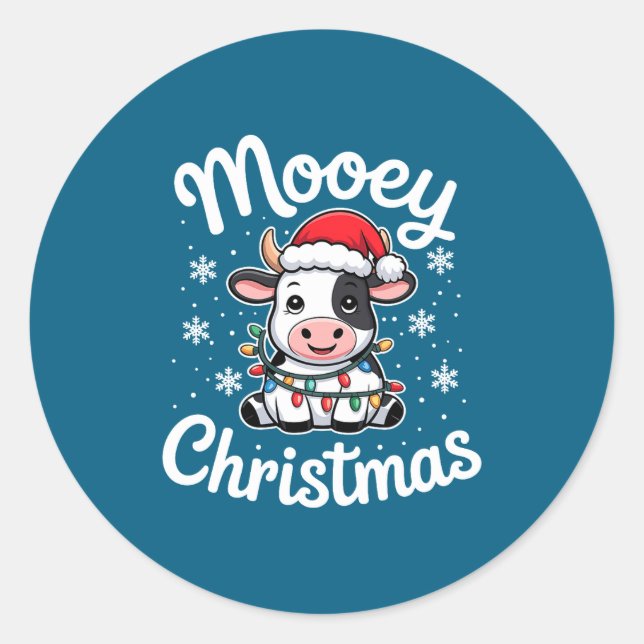 Sticker Rond Mooey Christmas Cute Cow With Santa Hat And Holida (Devant)