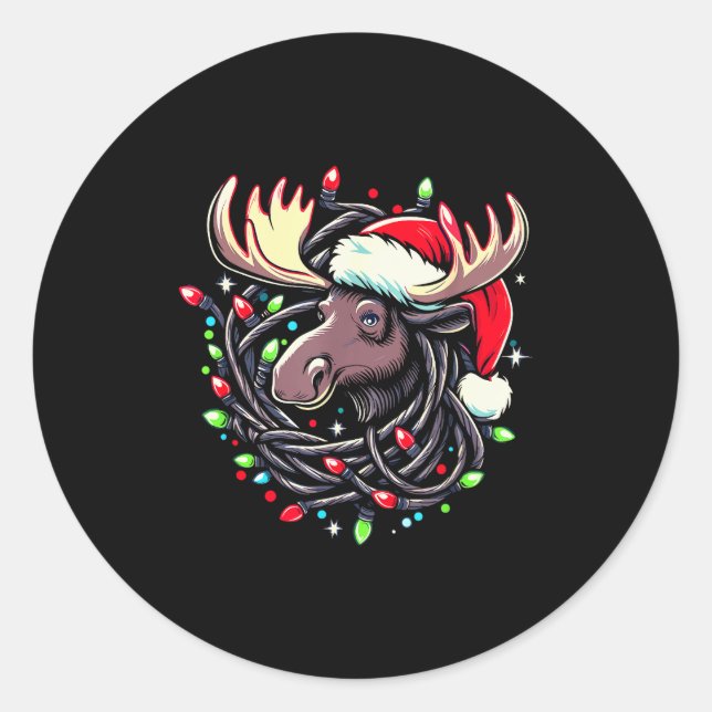 Sticker Rond Moose Christmas Santa Hat Lights Moose For Kids Wo (Devant)