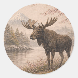 Sticker Rond Moose Sticker, Japanese Landscape Wildlife Art,