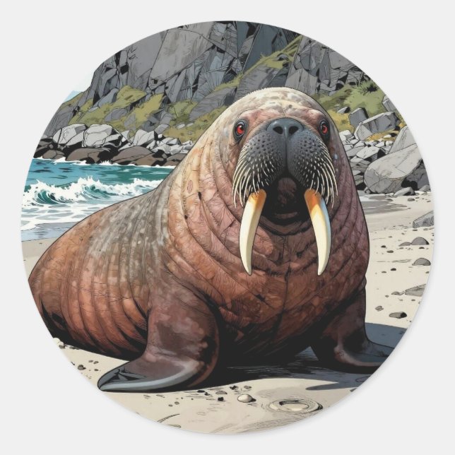 Sticker Rond Morse sur une plage de sable  | Animaux mignons (Devant)