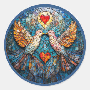 Sticker Rond Mosaïque artistique d'oiseaux et de cœurs affichan