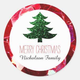 Sticker Rond Mosaïque rouge Vert sapin de Noël scintille Drapea
