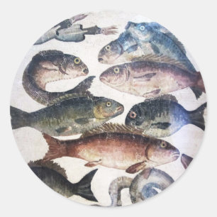 STICKER ROND MOSAÏQUES ROMAINES ANCIENNES, POISSONS, ESPACE DE