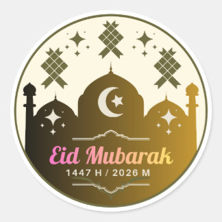 Sticker Rond Mosquée Or Rétro Eid Mubarak 2026 Classique 
