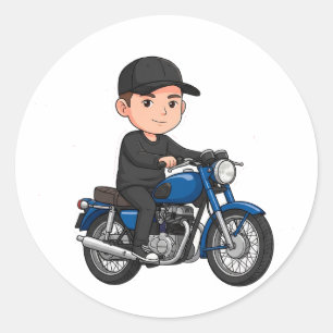 Sticker Rond Motard de dessin animé chevauchant une moto 