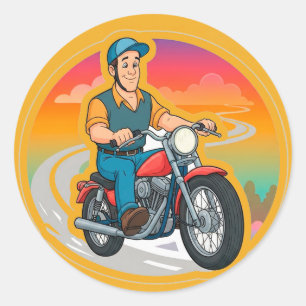 Sticker Rond Motard de dessin animé chevauchant une moto